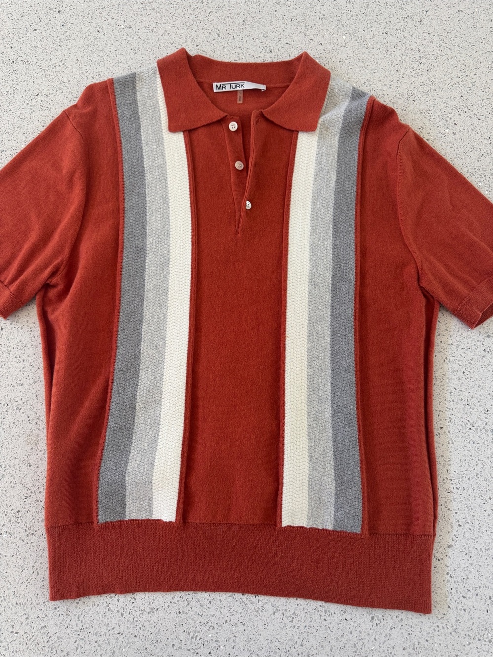 Mr Turk Rust Short-Sleeve Polo with Gray and Cream Stripes